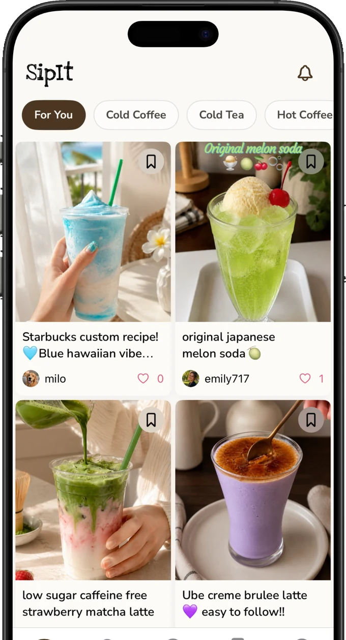 The SipIt app showing a grid of drink recipes shared by other members