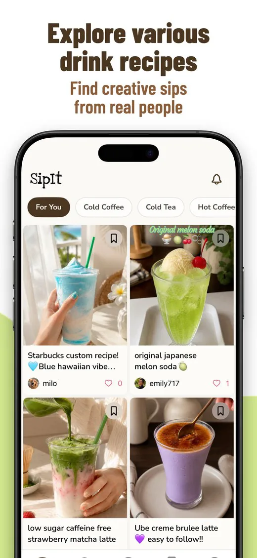 Explore various drink recipes — a grid of drinks shared by other members