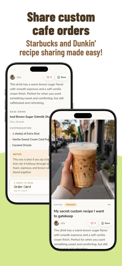 Share unofficial cafe customizations with a base drink, options, and notes